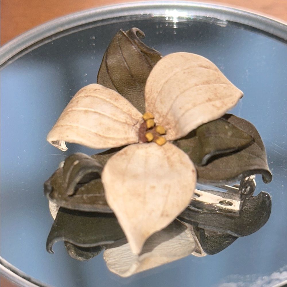 Vintage Floral Leather Brooch in Cream and Green